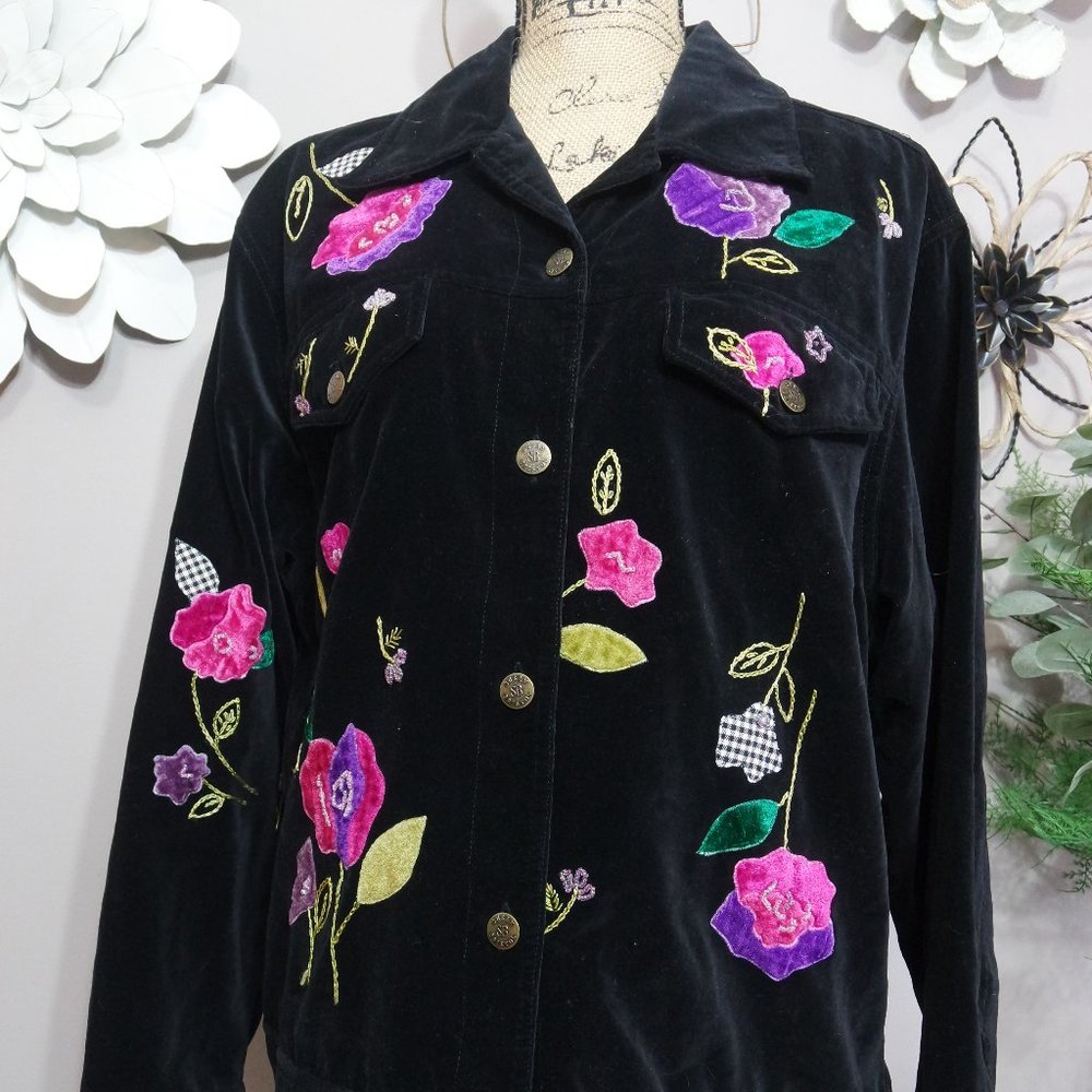 Vintage SUSAN BRISTOL Velour Hand Embroidered Flowers Floral Jacket Blazer